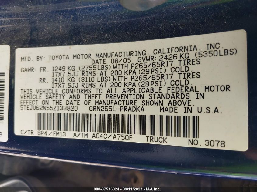 2005 Toyota Tacoma Prerunner VIN: 5TEJU62N55Z133820 Lot: 37535024