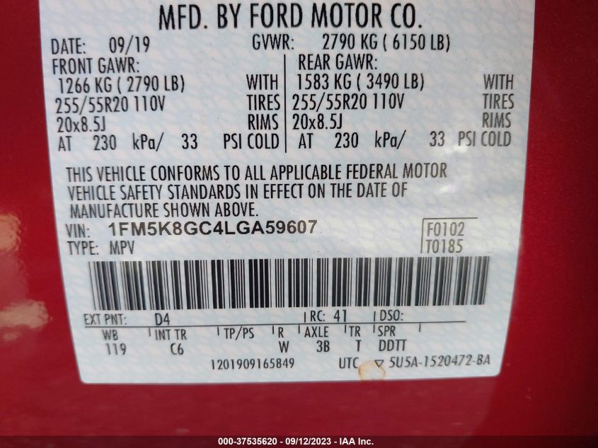 1FM5K8GC4LGA59607 2020 Ford Explorer St