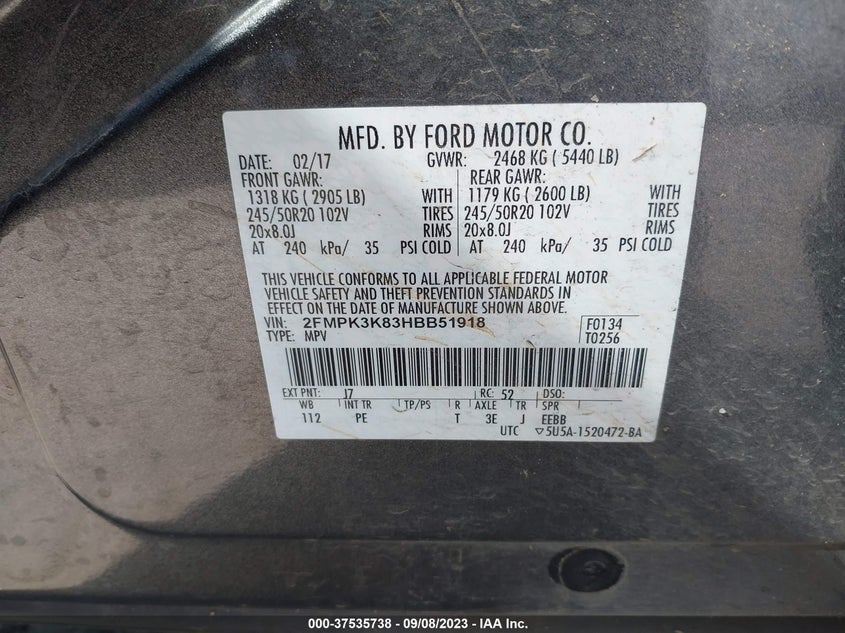 2017 Ford Edge Titanium VIN: 2FMPK3K83HBB51918 Lot: 37535738