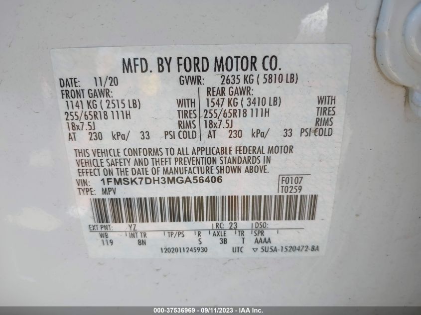 1FMSK7DH3MGA56406 2021 Ford Explorer Xlt