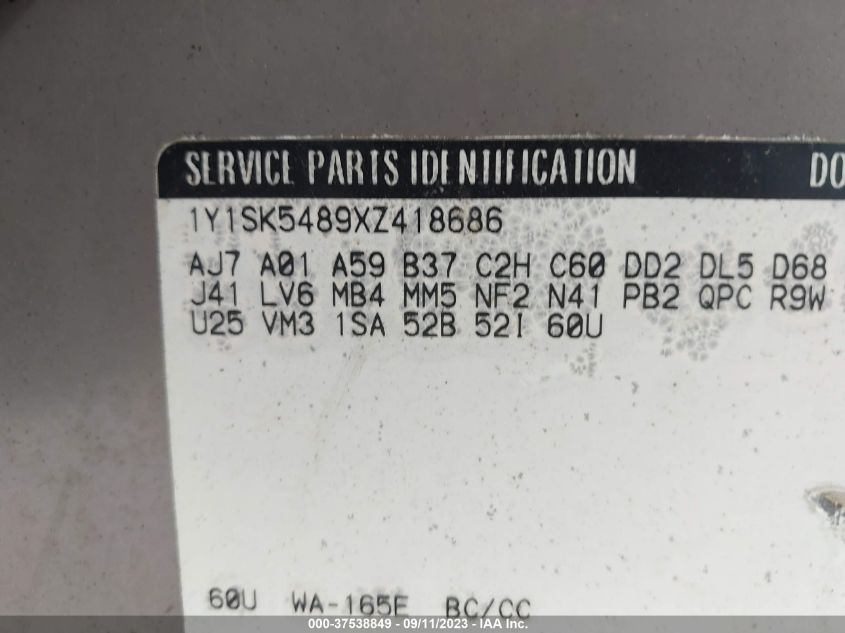 1999 Chevrolet Prizm VIN: 1Y1SK5489XZ418686 Lot: 37538849