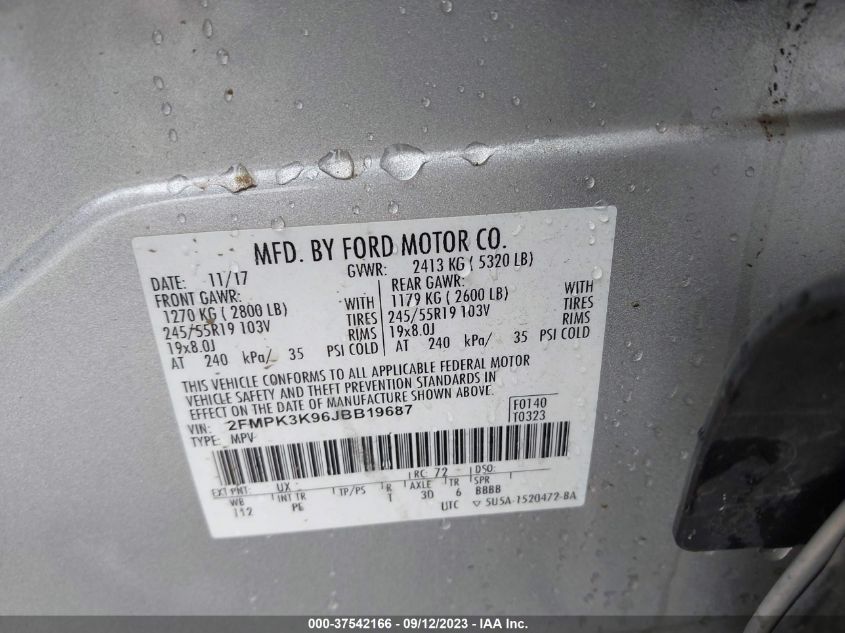 2018 Ford Edge Titanium VIN: 2FMPK3K96JBB19687 Lot: 37542166