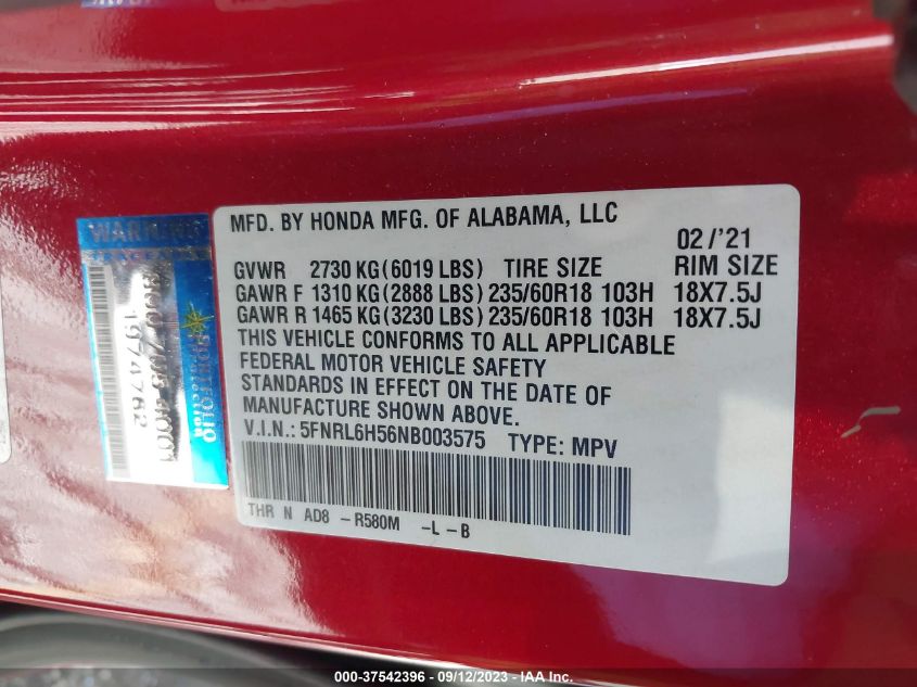 2022 Honda Odyssey Ex VIN: 5FNRL6H56NB003575 Lot: 37542396