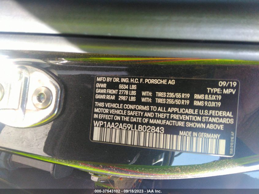2020 Porsche Macan VIN: WP1AA2A59LLB02843 Lot: 37543102