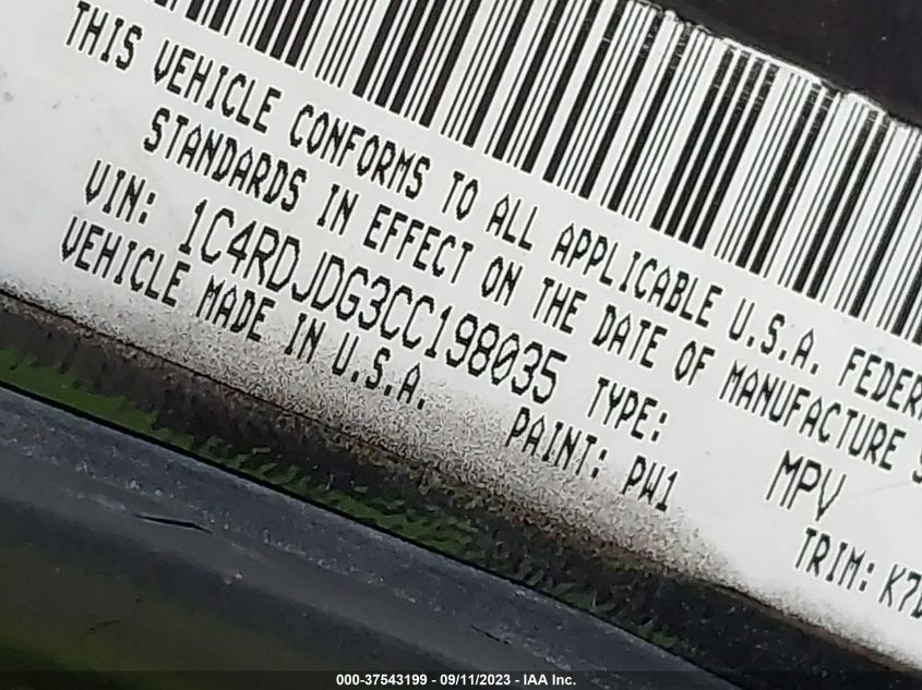 2012 Dodge Durango Crew VIN: 1C4RDJDG3CC198035 Lot: 37543199