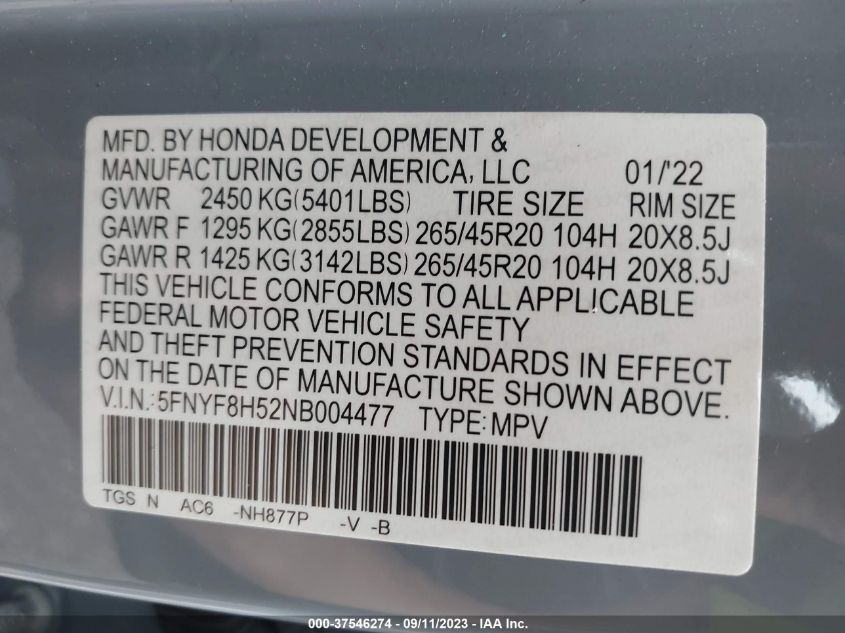 2022 Honda Passport Awd Ex-L VIN: 5FNYF8H52NB004477 Lot: 37546274