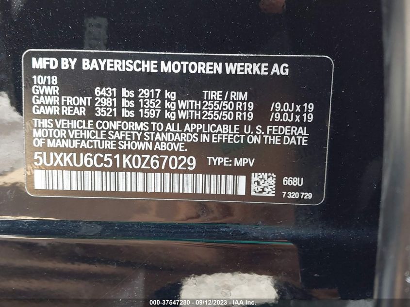 5UXKU6C51K0Z67029 2019 BMW X6 xDrive50I