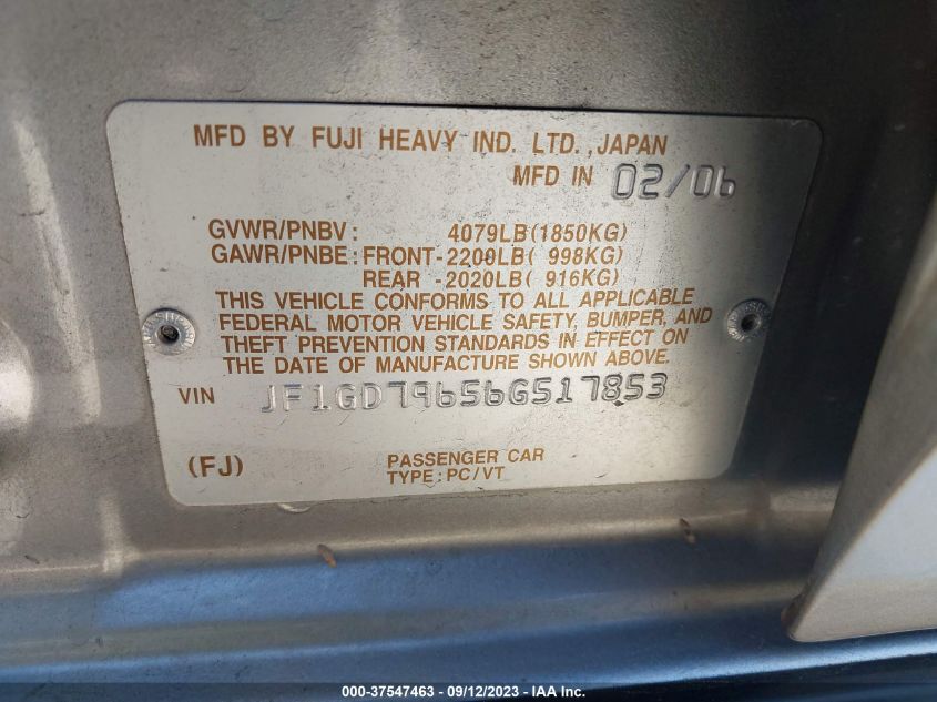 2006 Subaru Impreza Sedan Wrx VIN: JF1GD79656G517853 Lot: 37547463