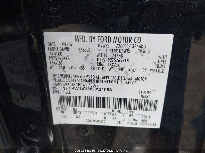 1FTPW14V38FA21958 2008 Ford F-150 Xlt/Lariat/Fx4