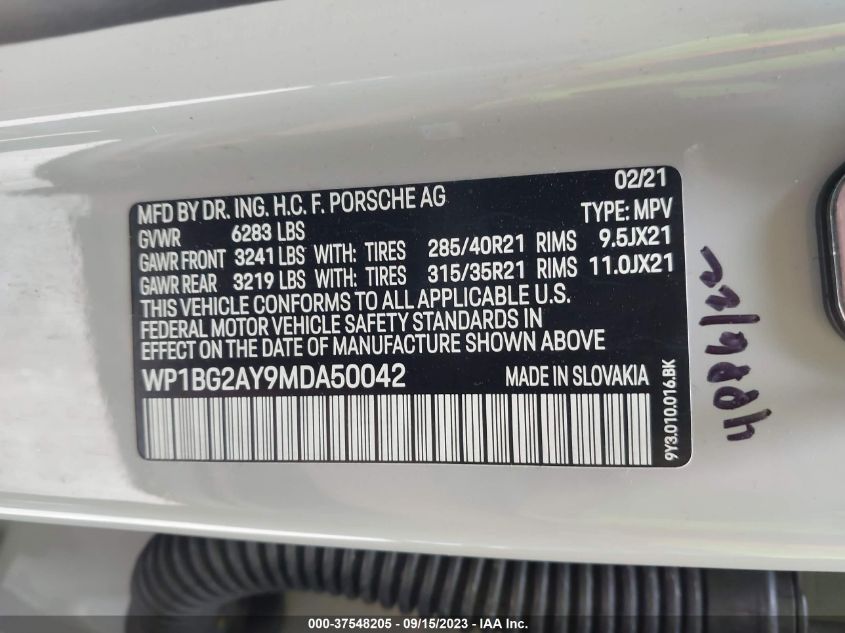 2021 Porsche Cayenne Gts VIN: WP1BG2AY9MDA50042 Lot: 37548205