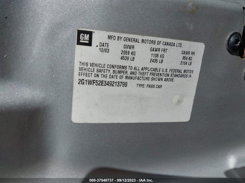 2004 Chevrolet Impala VIN: 2G1WF52E349213799 Lot: 37548737
