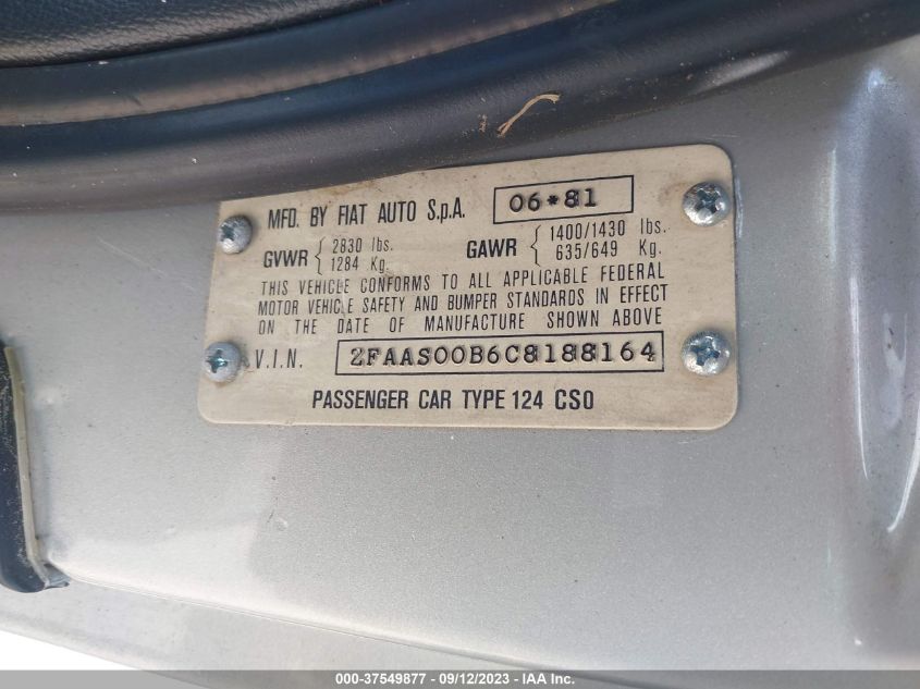 1982 Fiat 124 Spider VIN: ZFAAS00B6C8188164 Lot: 37549877
