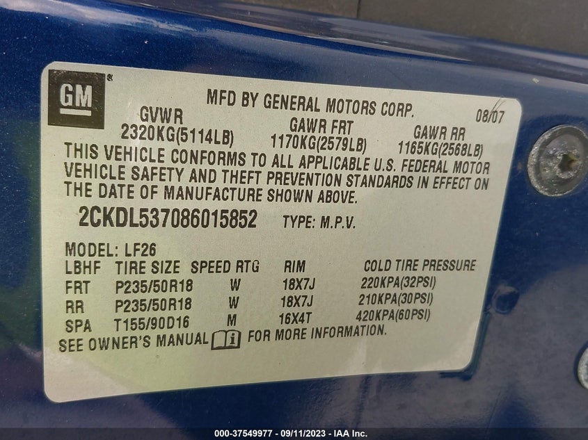 2008 Pontiac Torrent Gxp VIN: 2CKDL537086015852 Lot: 37549977