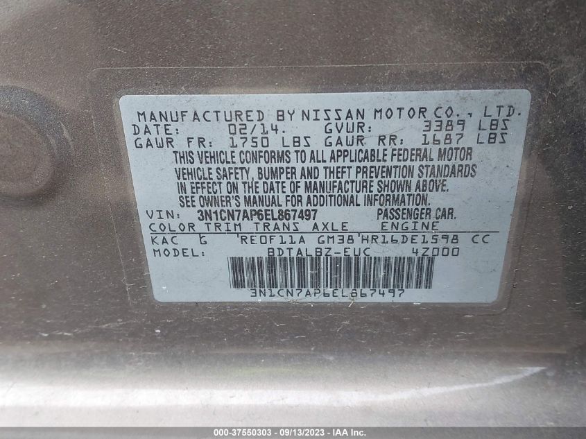 2014 Nissan Versa 1.6 Sv VIN: 3N1CN7AP6EL867497 Lot: 37550303