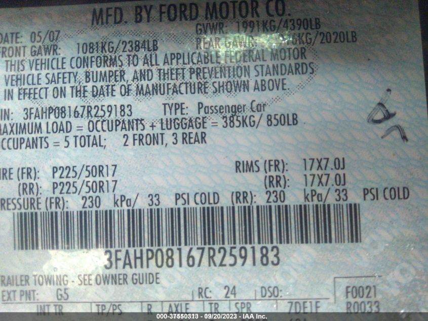 3FAHP08167R259183 2007 Ford Fusion Sel