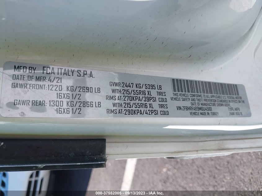 2021 RAM PROMASTER VIN: ZFBHRFAB9M6U45161