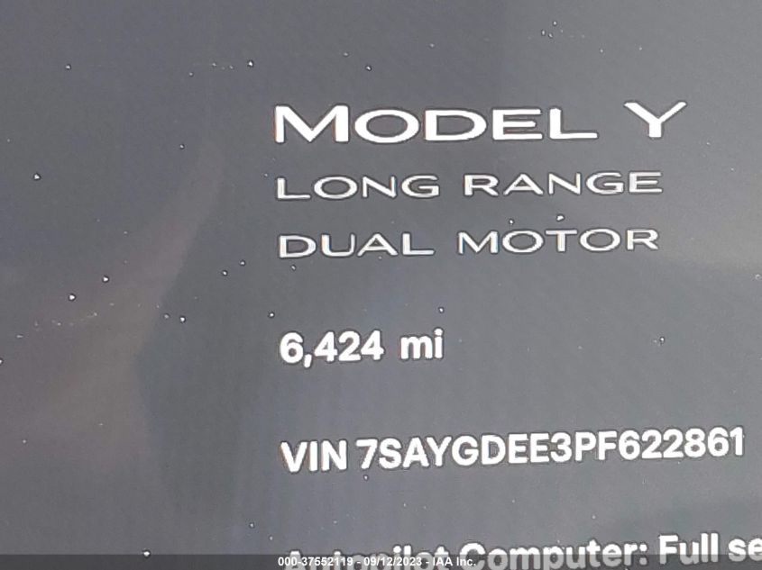 2023 Tesla Model Y Long Range VIN: 7SAYGDEE3PF622861 Lot: 37552119