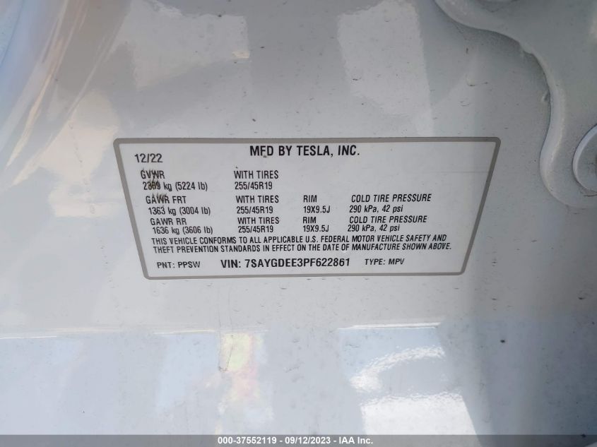 2023 Tesla Model Y Long Range VIN: 7SAYGDEE3PF622861 Lot: 37552119