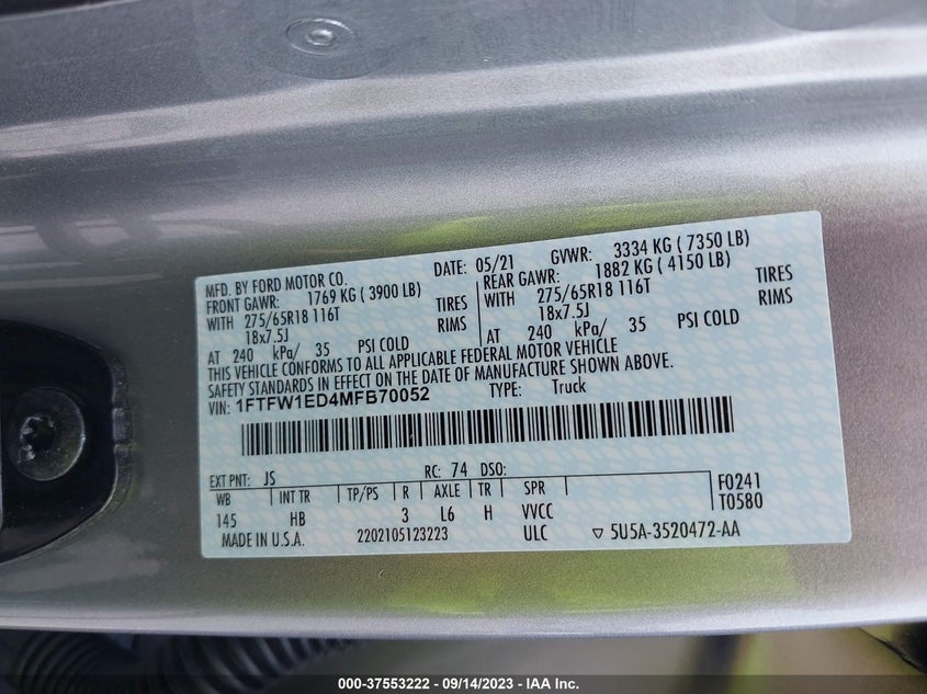 2021 Ford F-150 Xl/Xlt/Lariat VIN: 1FTFW1ED4MFB70052 Lot: 37553222