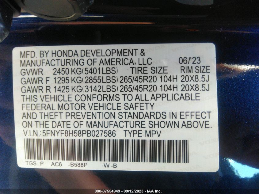 2023 Honda Passport Ex-L VIN: 5FNYF8H58PB027586 Lot: 37554949
