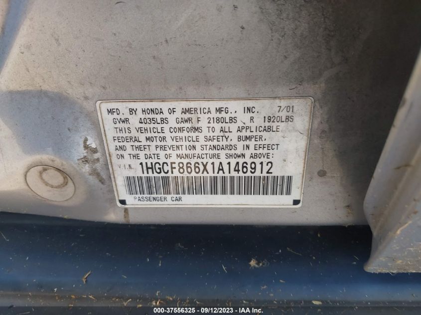 2001 Honda Accord Sdn Vp VIN: 1HGCF866X1A146912 Lot: 37556325