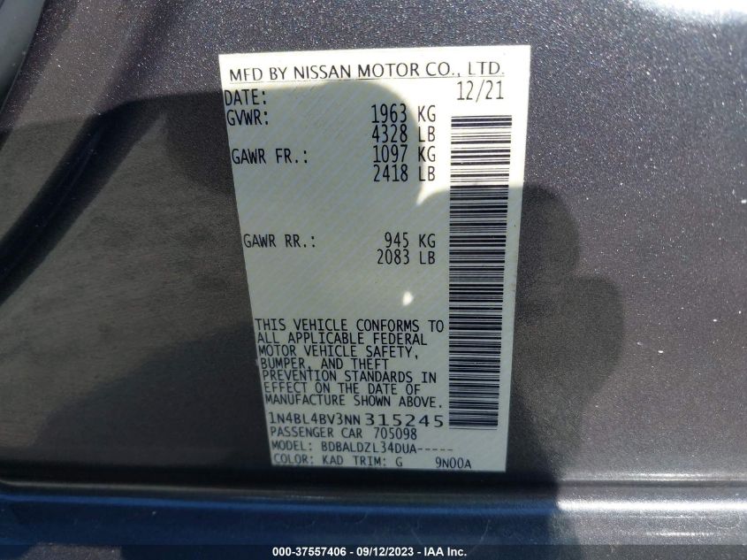 2022 Nissan Altima S Fwd VIN: 1N4BL4BV3NN315245 Lot: 37557406