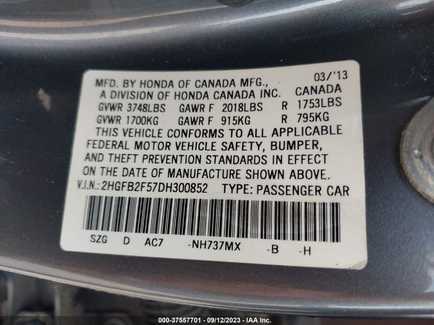 2013 Honda Civic Sdn Lx VIN: 2HGFB2F57DH300852 Lot: 37557701