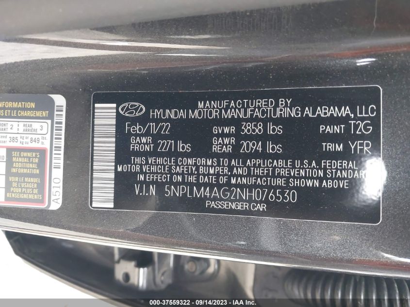 5NPLM4AG2NH076530 2022 Hyundai Elantra Sel