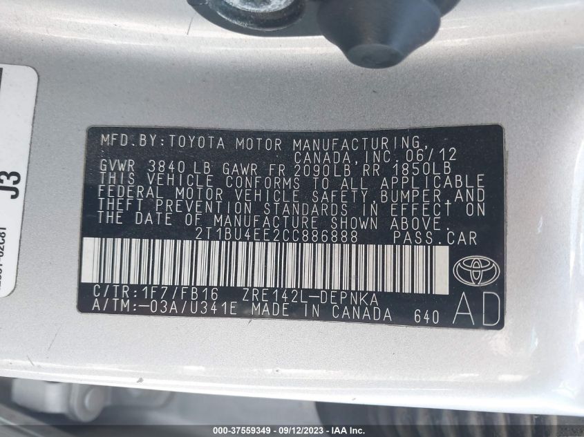 2T1BU4EE2CC886888 2012 Toyota Corolla Le