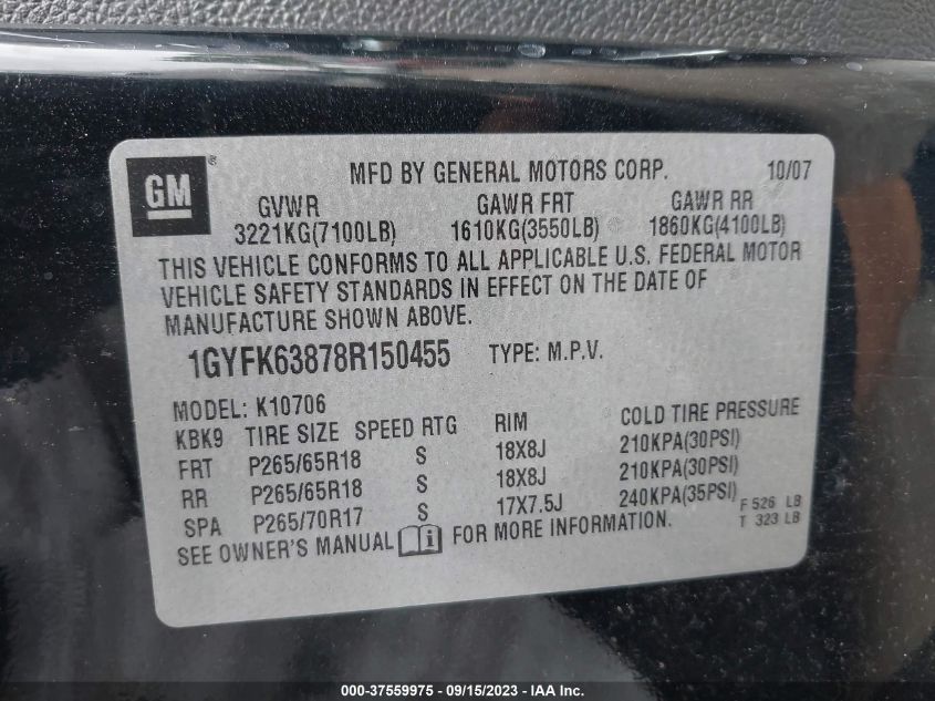 1GYFK63878R150455 2008 Cadillac Escalade Standard