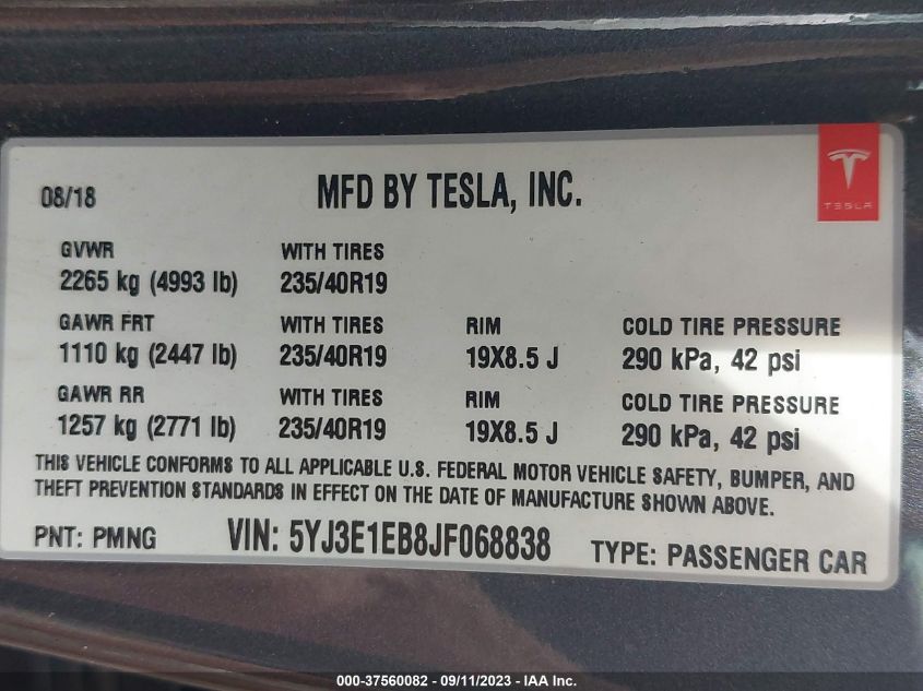 5YJ3E1EB8JF068838 2018 Tesla Model 3 Performance/Long Range