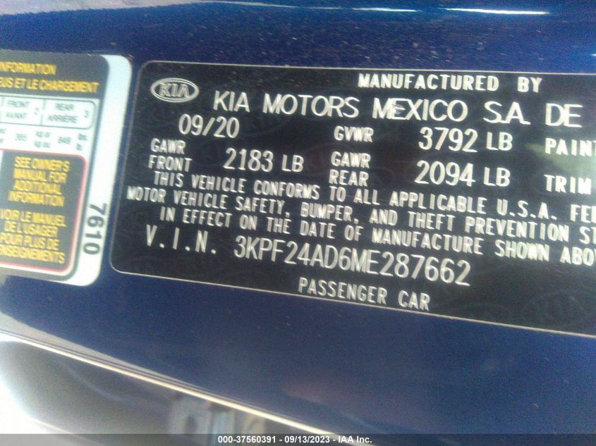 2021 Kia Forte Lxs VIN: 3KPF24AD6ME287662 Lot: 37560391