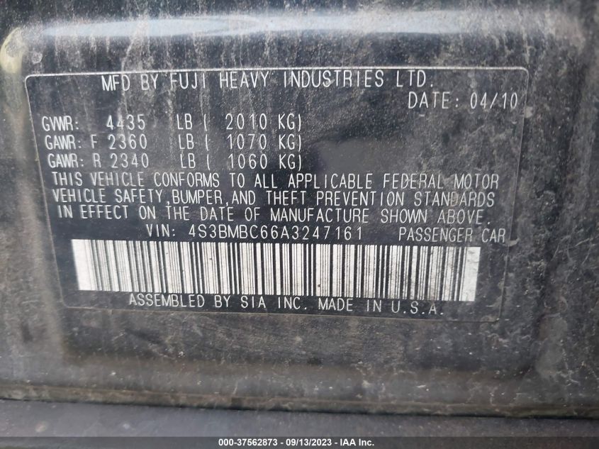 2010 Subaru Legacy 2.5I Premium VIN: 4S3BMBC66A3247161 Lot: 37562873
