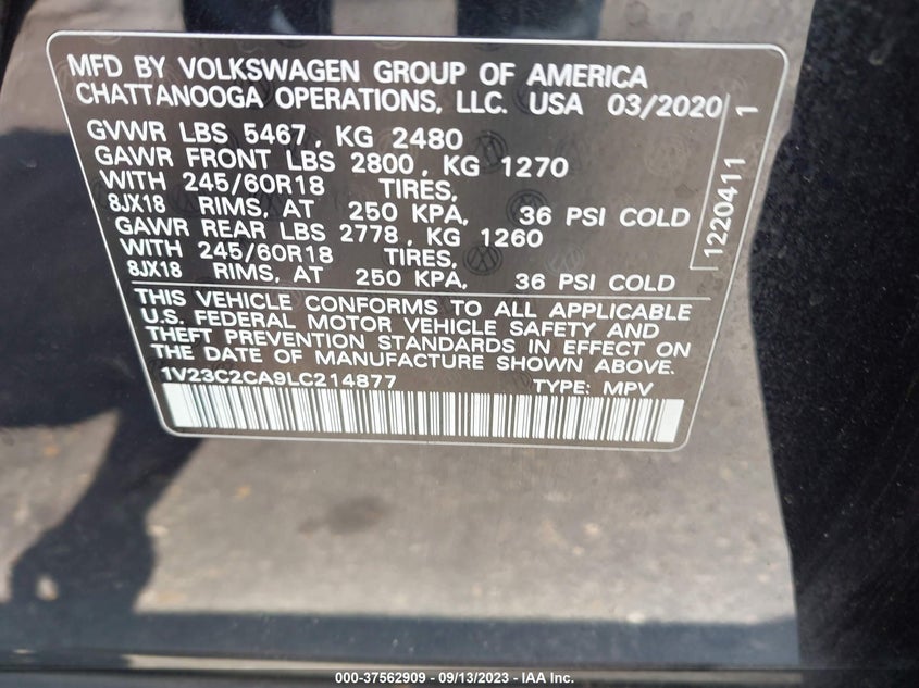 2020 Volkswagen Atlas Cross Sport 2.0T Se VIN: 1V23C2CA9LC214877 Lot: 37562909