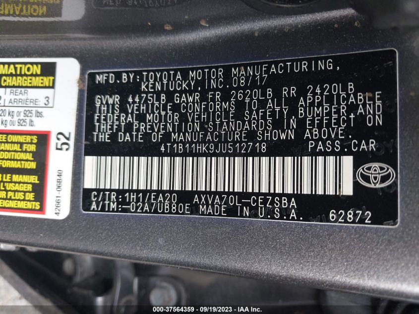 4T1B11HK9JU512718 2018 Toyota Camry Se