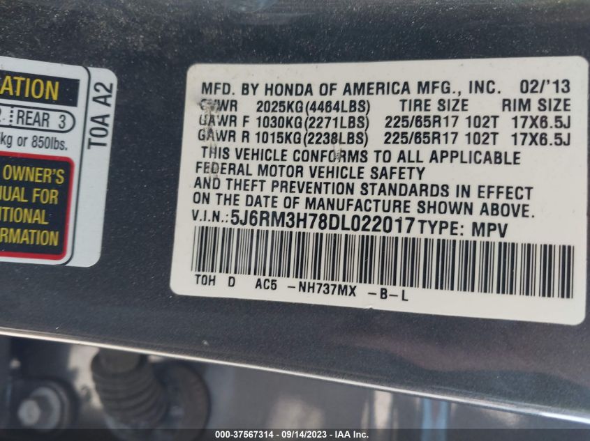 2013 Honda Cr-V Ex-L VIN: 5J6RM3H78DL022017 Lot: 37567314