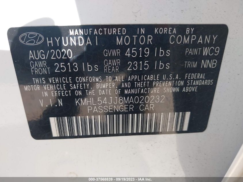 2021 Hyundai Sonata Limited VIN: KMHL54JJ8MA020232 Lot: 37568839