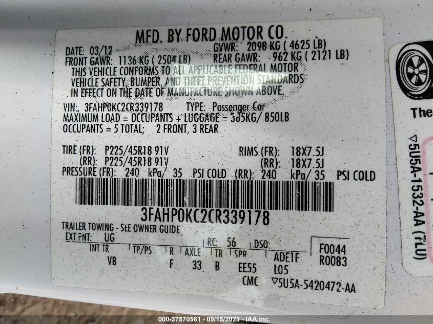 2012 Ford Fusion Sport VIN: 3FAHP0KC2CR339178 Lot: 37570561