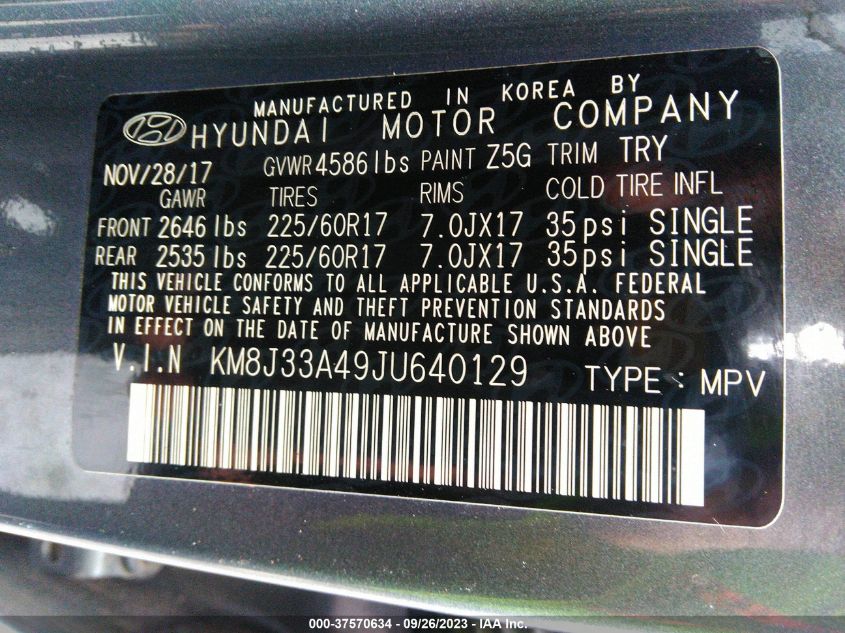 KM8J33A49JU640129 2018 Hyundai Tucson Sel Plus