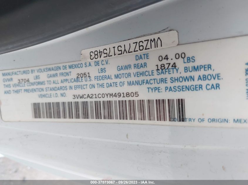 2000 Volkswagen New Beetle Gls VIN: 3VWCA21C0YM491805 Lot: 39702237