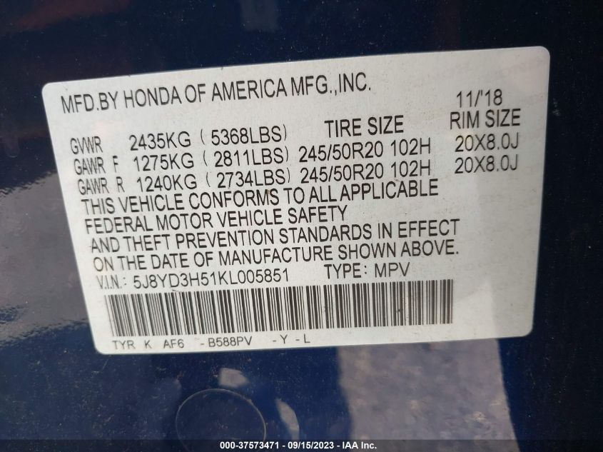 5J8YD3H51KL005851 2019 Acura Mdx Tech Pkg