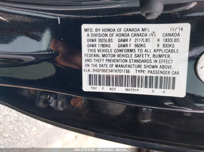 2HGFB6E54FH701156 2015 Honda Civic Sedan Si