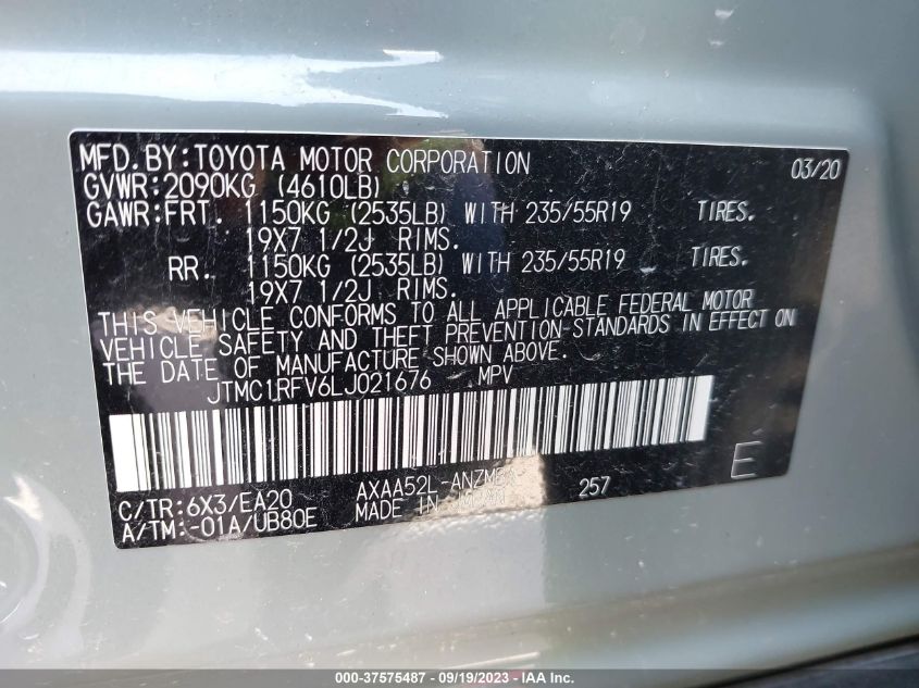 2020 Toyota Rav4 Xle Premium VIN: JTMC1RFV6LJ021676 Lot: 40420030