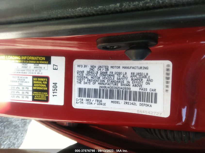 1NXBU40E09Z042699 2009 Toyota Corolla Xle/S/Le