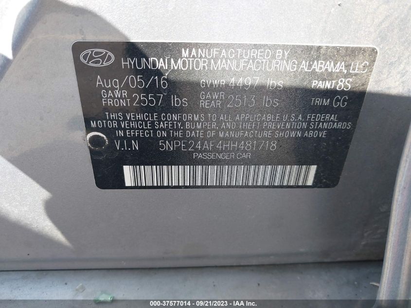 2017 Hyundai Sonata Se VIN: 5NPE24AF4HH481718 Lot: 37577014