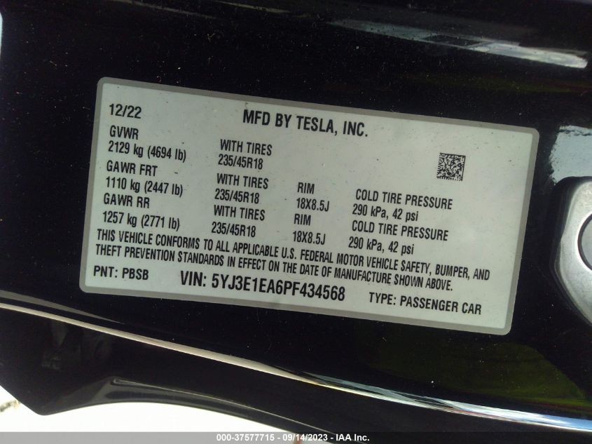 5YJ3E1EA6PF434568 2023 Tesla Model 3