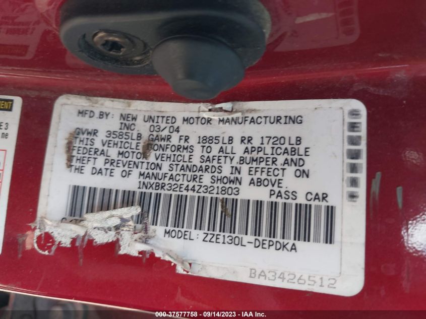 2004 Toyota Corolla Ce/S/Le VIN: 1NXBR32E44Z321803 Lot: 37577758