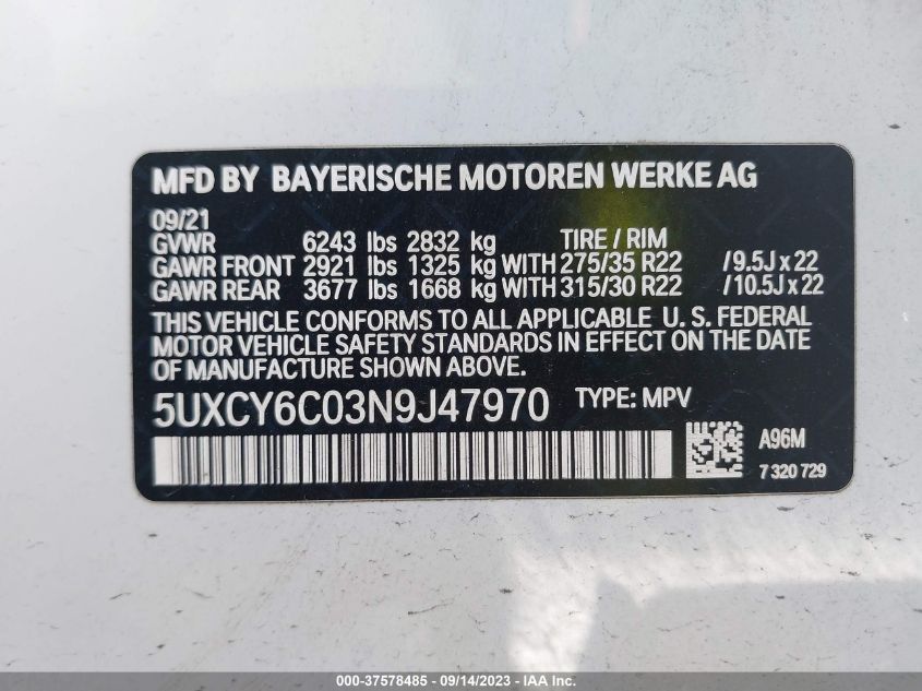 VIN 5UXCY6C03N9J47970 2022 BMW X6, Xdrive40I no.9