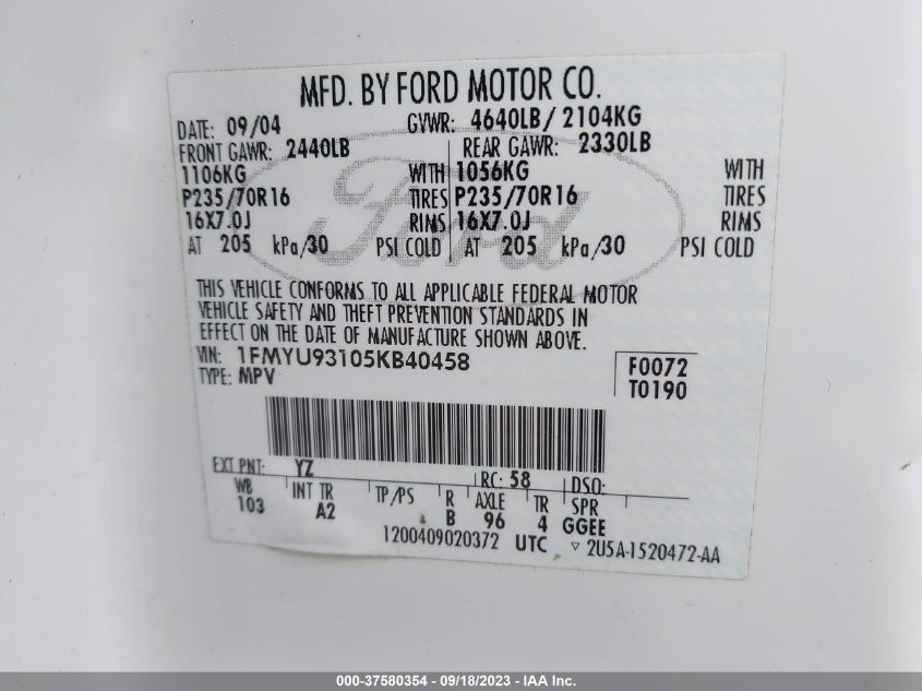 1FMYU93105KD40458 2005 Ford Escape Xlt