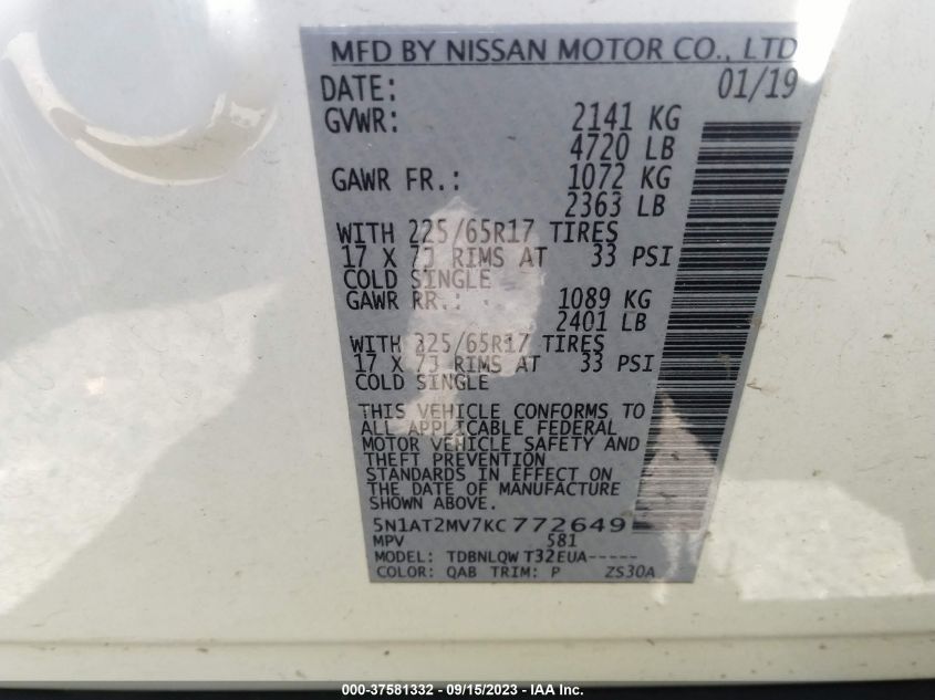 5N1AT2MV7KC772649 2019 Nissan Rogue Sv